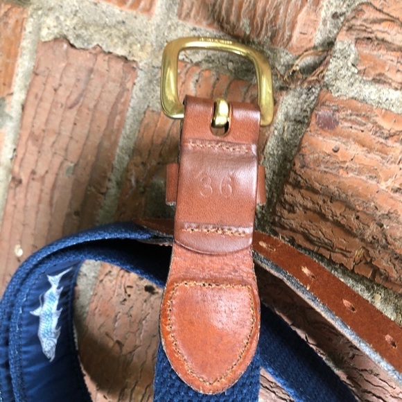 Leather Man Tarpon Fish Blue Ribbon Tan Canvas Belt Brown Leather Tabs Size 36 - Picture 8 of 8